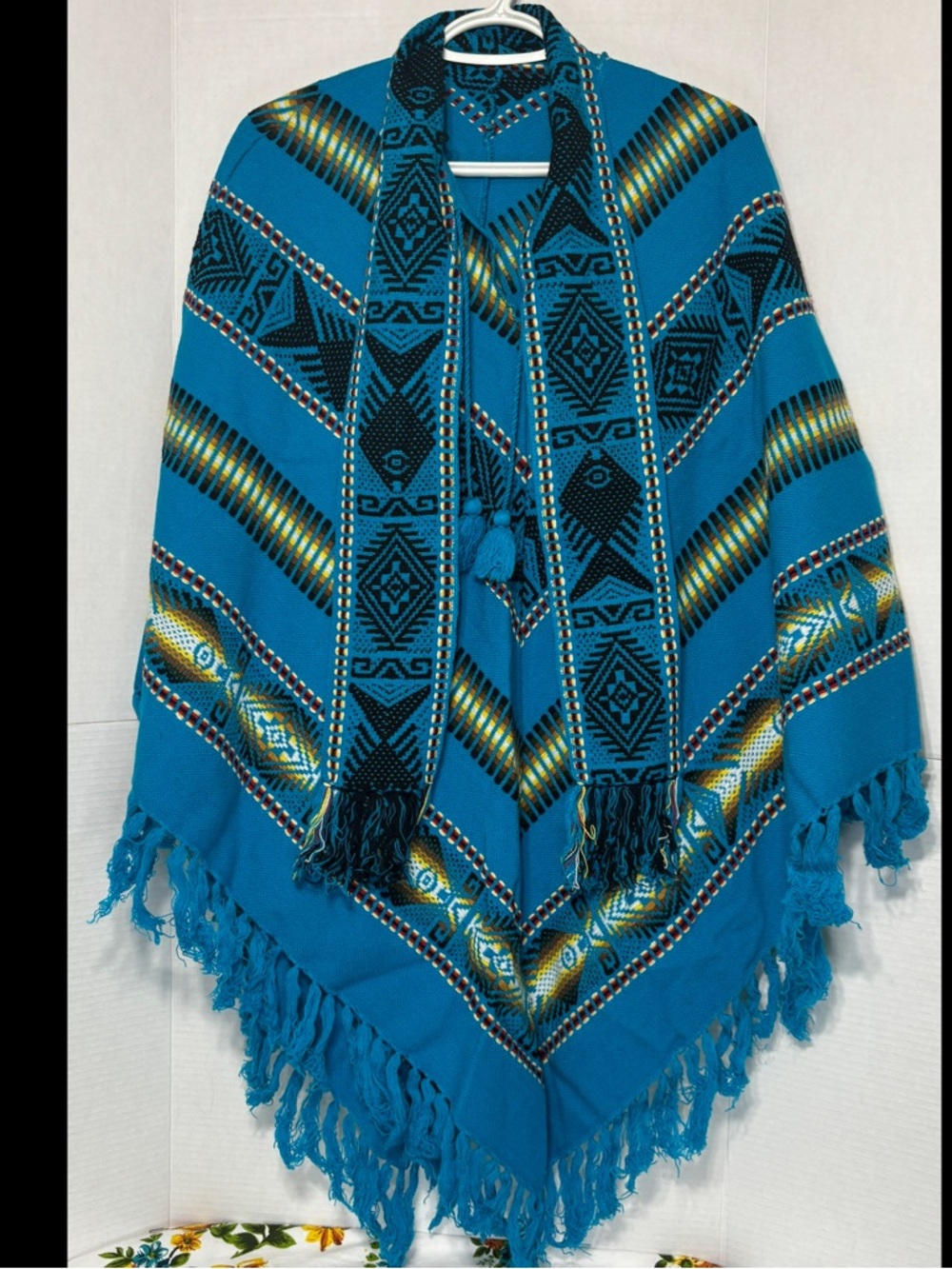 Vintage Nepalese Wrap Poncho Turquoise Aztec Fringe Shrug Sweater
